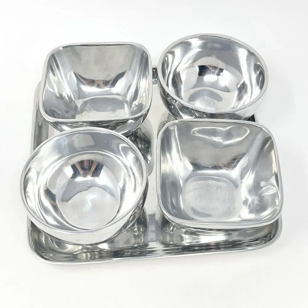 Pottery Barn Barona Condiment Snack Tray Bowls Square Silver Aluminum Party Set